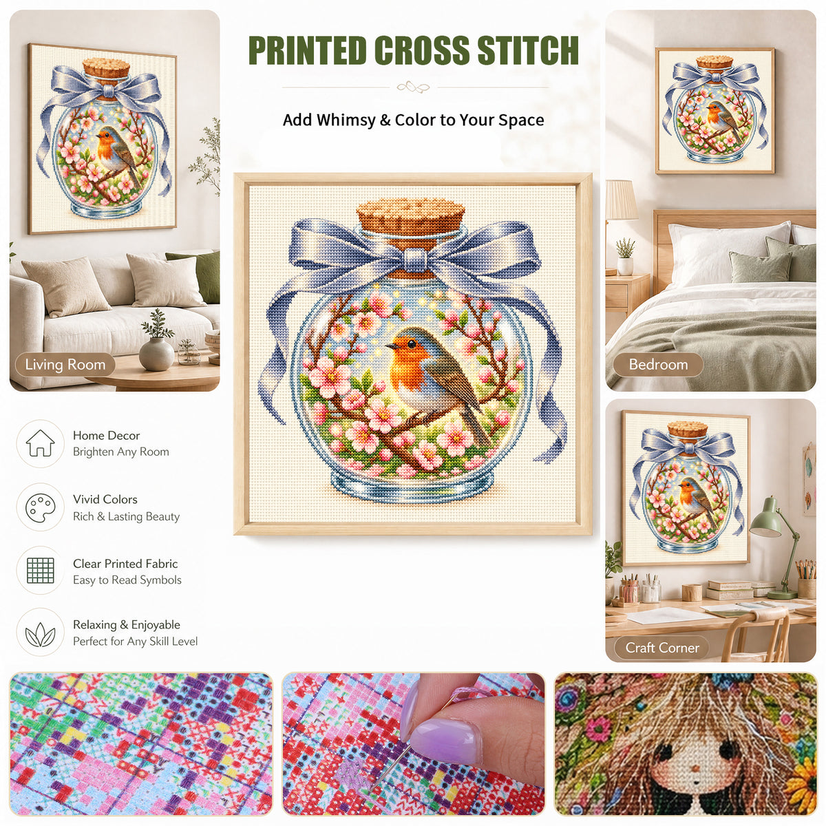 Spring Robin-Bird - Full 14CT Stamped Cross Stitch 30x30CM - Huacan