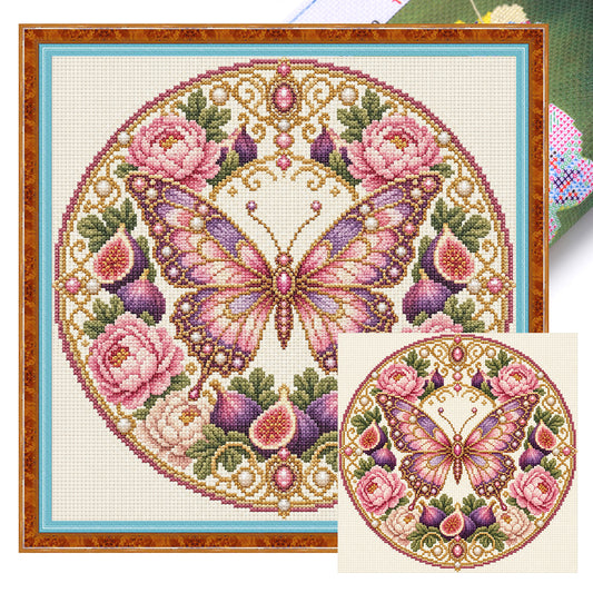 Schmetterlingsblüte – Komplettes 11-teiliges, bedrucktes Kreuzstichbild, 45 × 45 cm – Huacan