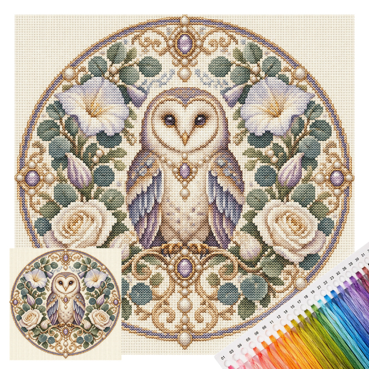 Eulen-Garten - Vollständiges 11-teiliges gestanztes Kreuzstich-Set 45x45CM - Huacan
