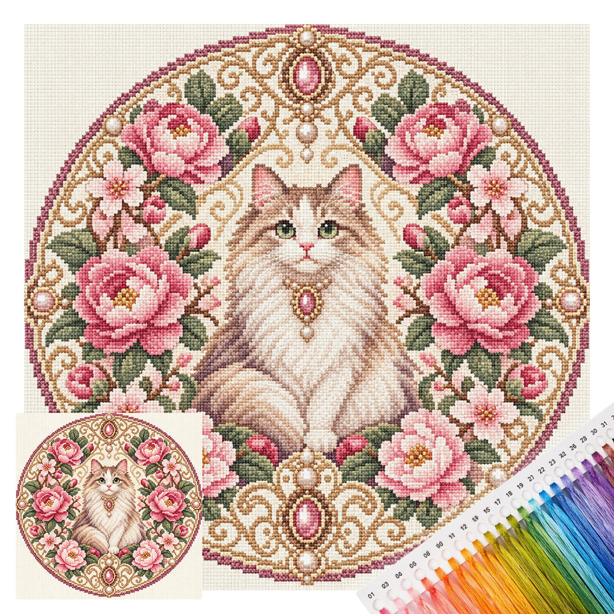 Peony Cat - Full 11CT Stamped Cross Stitch 45x45CM - Huacan