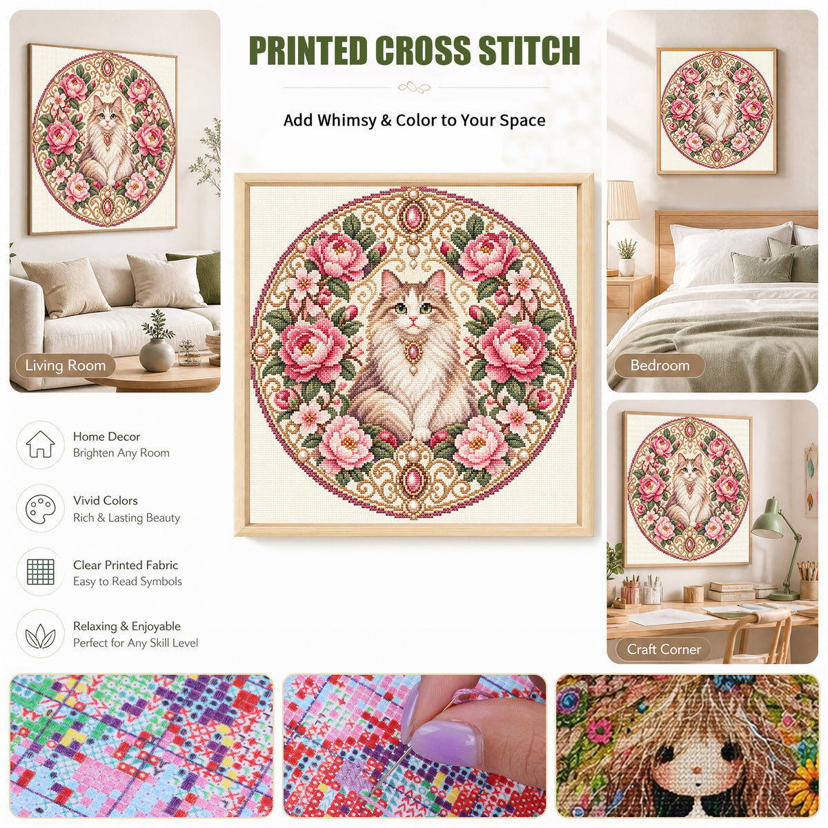 Peony Cat - Full 11CT Stamped Cross Stitch 45x45CM - Huacan