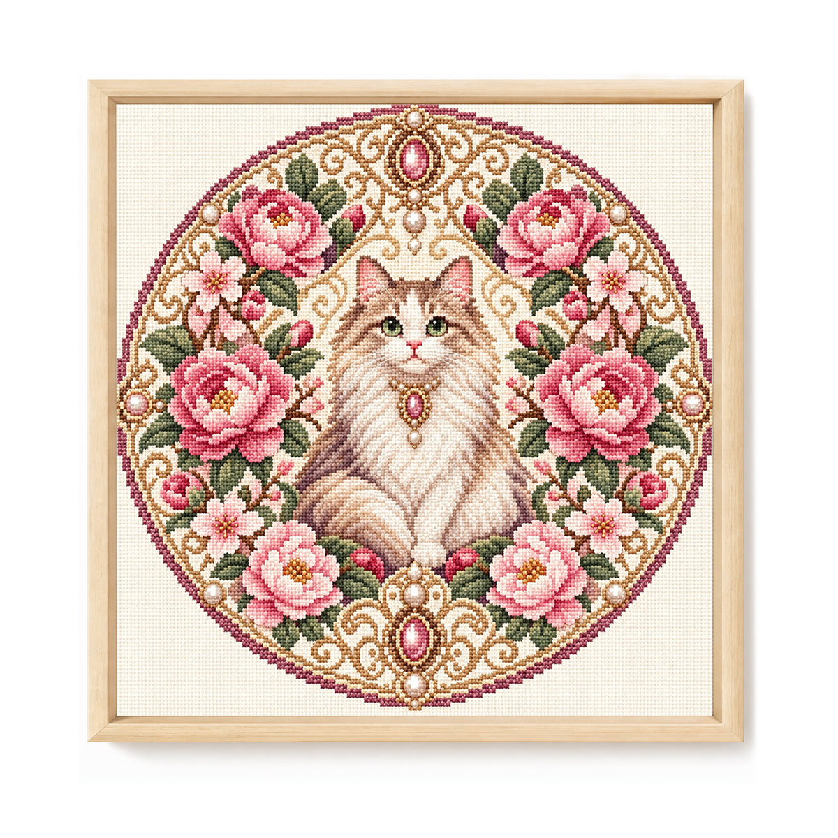 Peony Cat - Full 11CT Stamped Cross Stitch 45x45CM - Huacan