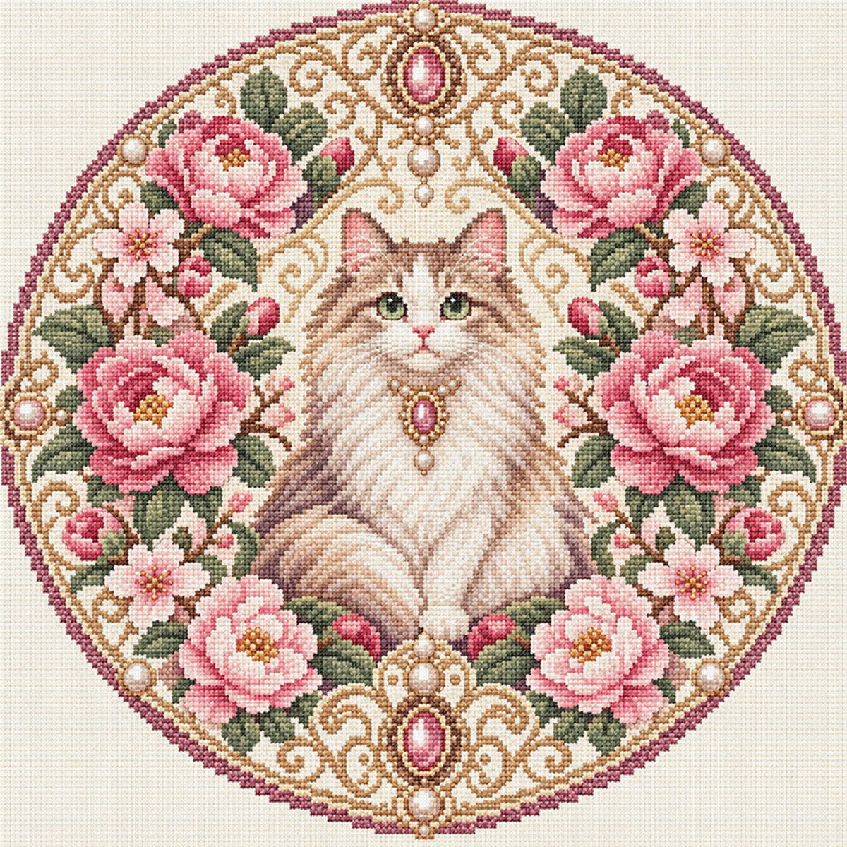 Peony Cat - Full 11CT Stamped Cross Stitch 45x45CM - Huacan
