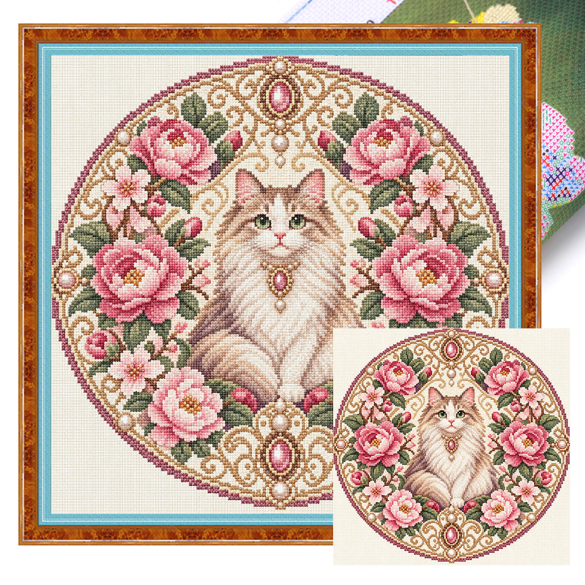 Peony Cat - Full 11CT Stamped Cross Stitch 45x45CM - Huacan