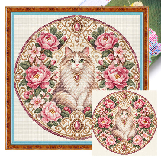 Pfingstrosen-Katze – Vollständiges 11CT gestempeltes Kreuzstich-Set 45x45CM – Huacan
