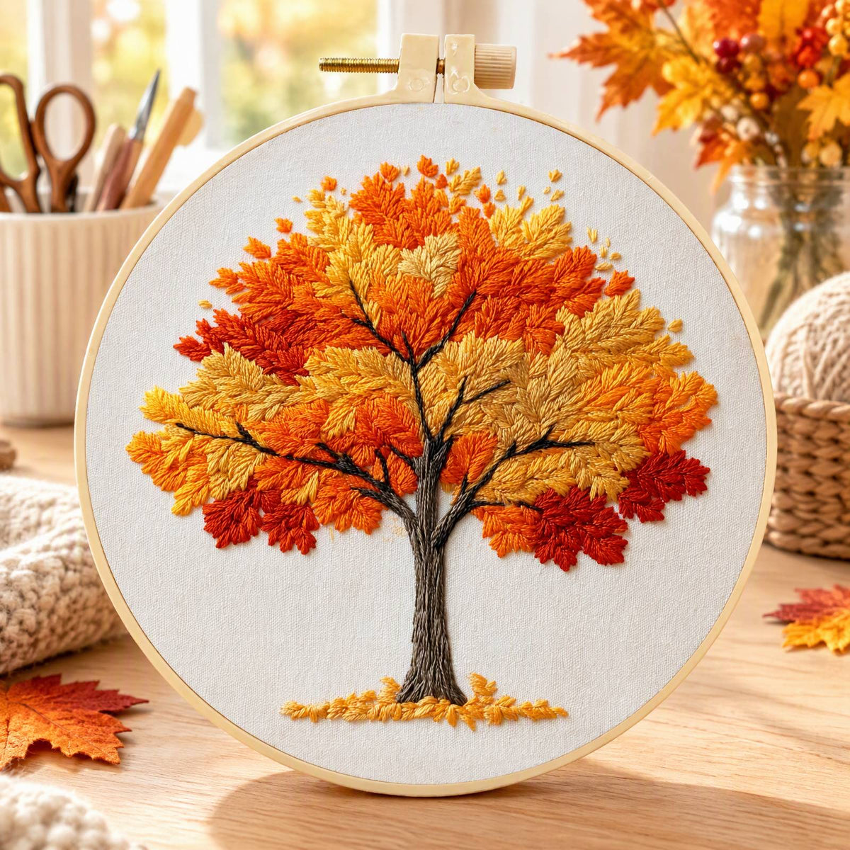 Autumn Tree - DIY Embroidery Cross Stitch Kit with Pattern Cotton Threads Needles Hoop 30×30CM/11.81×11.81in