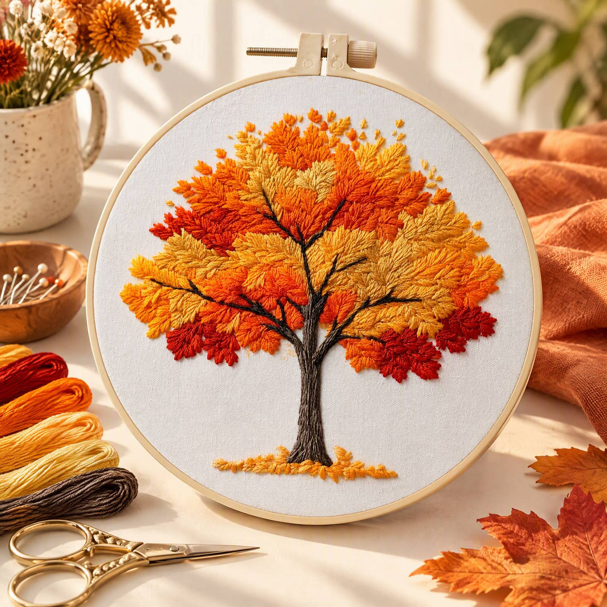 Autumn Tree - DIY Embroidery Cross Stitch Kit with Pattern Cotton Threads Needles Hoop 30×30CM/11.81×11.81in