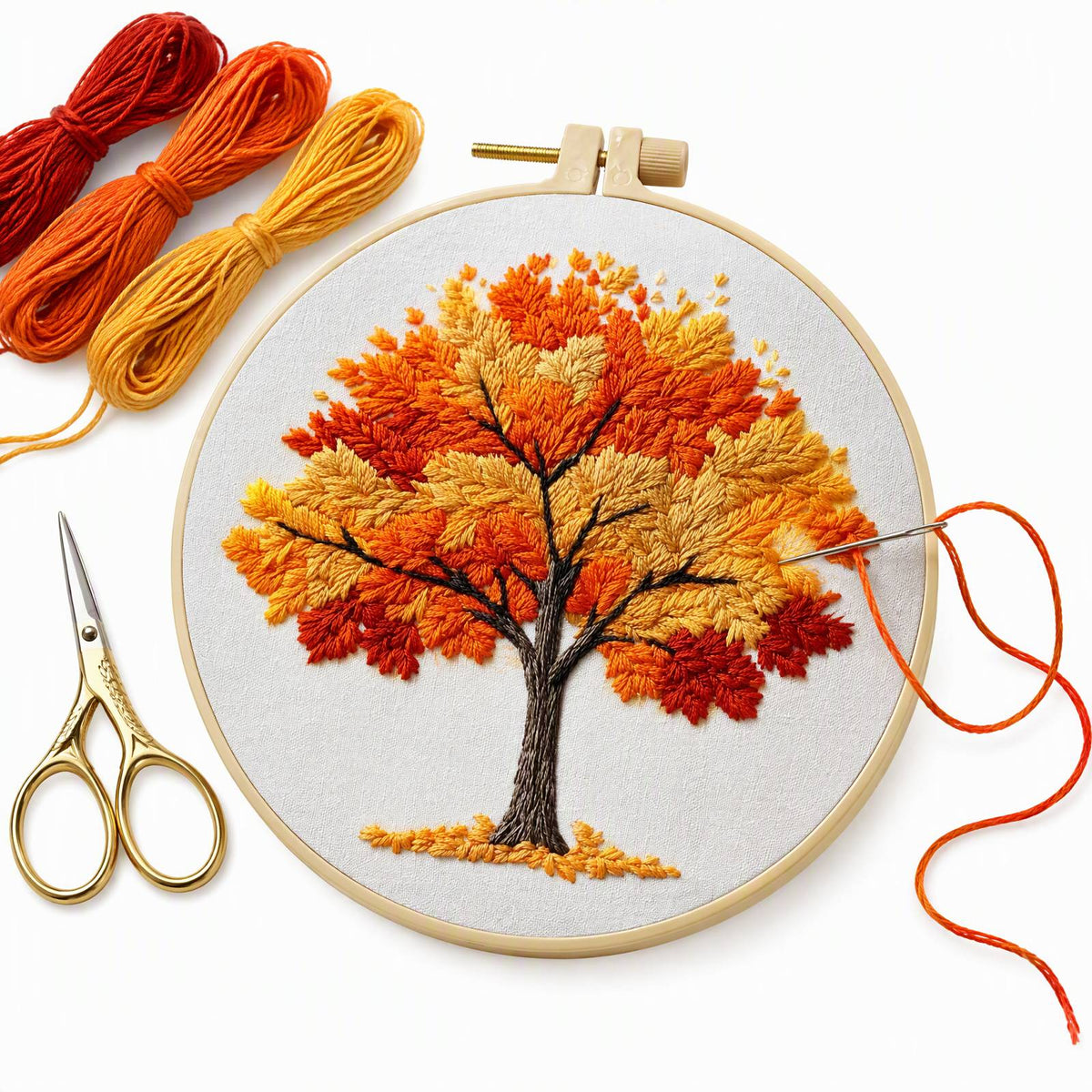 Autumn Tree - DIY Embroidery Cross Stitch Kit with Pattern Cotton Threads Needles Hoop 30×30CM/11.81×11.81in