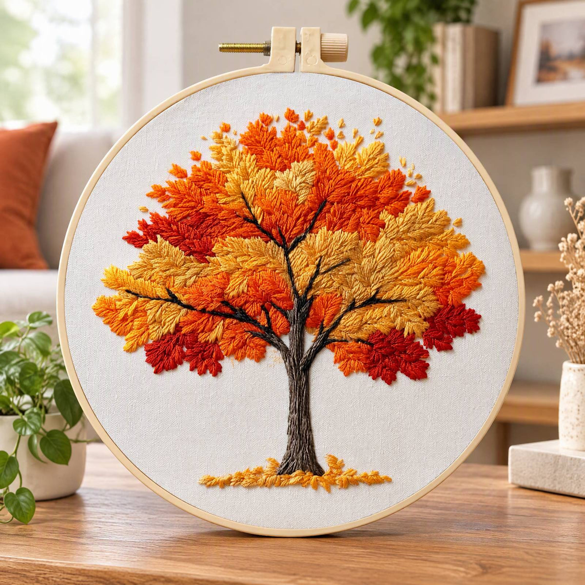 Autumn Tree - DIY Embroidery Cross Stitch Kit with Pattern Cotton Threads Needles Hoop 30×30CM/11.81×11.81in