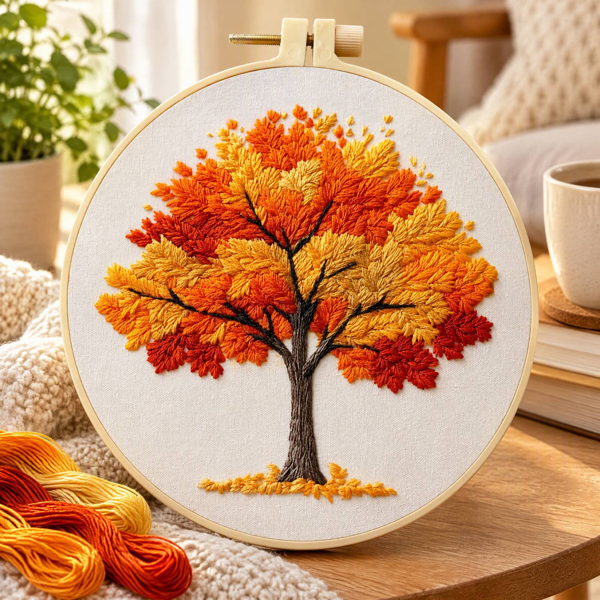 Autumn Tree - DIY Embroidery Cross Stitch Kit with Pattern Cotton Threads Needles Hoop 30×30CM/11.81×11.81in
