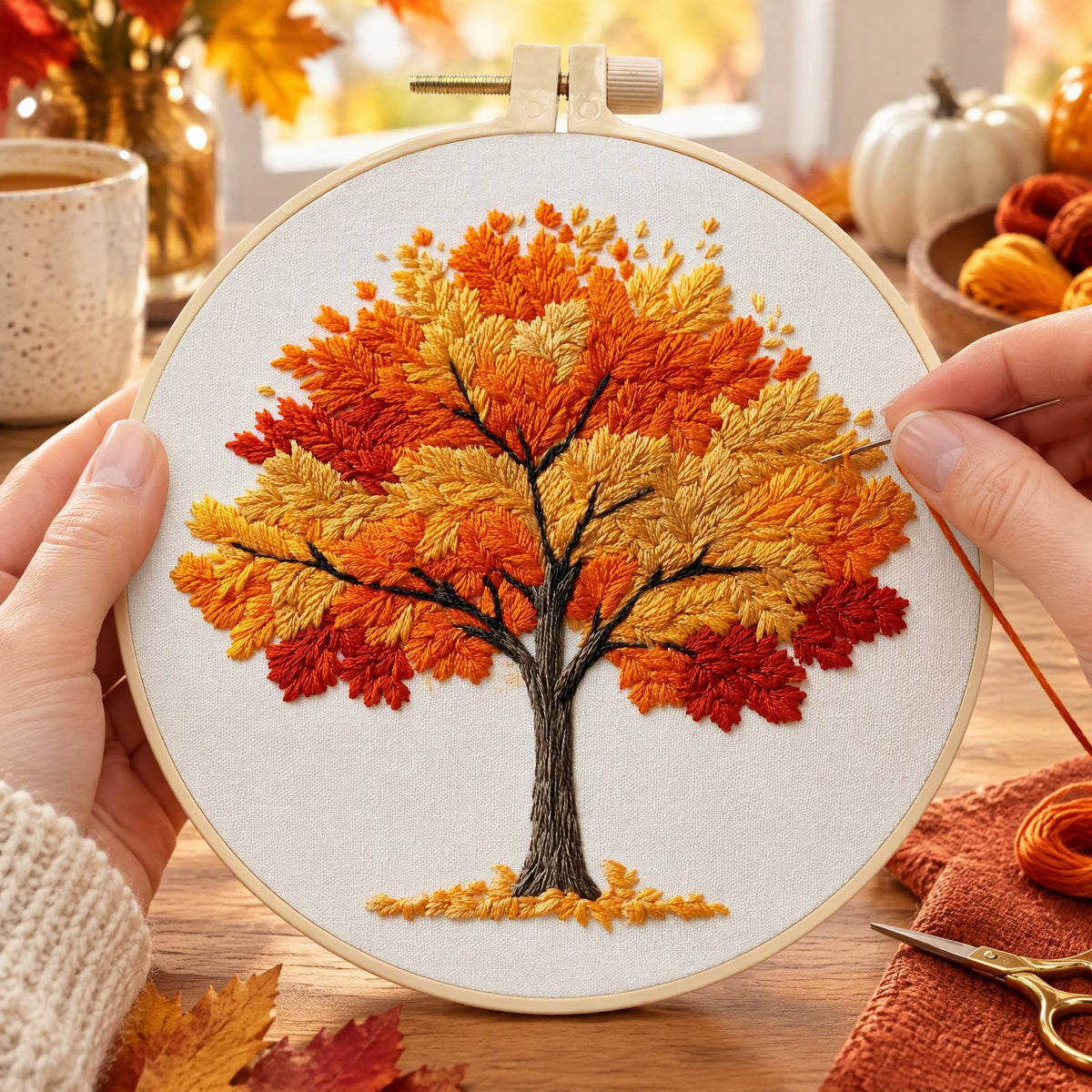 Autumn Tree - DIY Embroidery Cross Stitch Kit with Pattern Cotton Threads Needles Hoop 30×30CM/11.81×11.81in