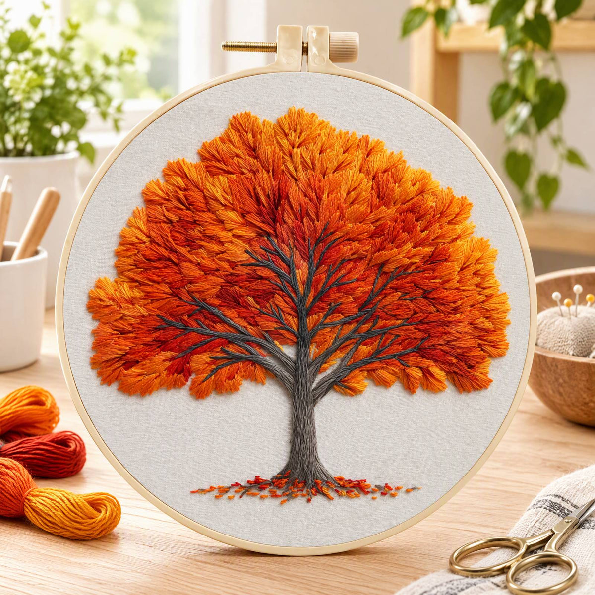 Fall Maple - DIY Embroidery Cross Stitch Kit with Pattern Cotton Threads Needles Hoop 30×30CM/11.81×11.81in