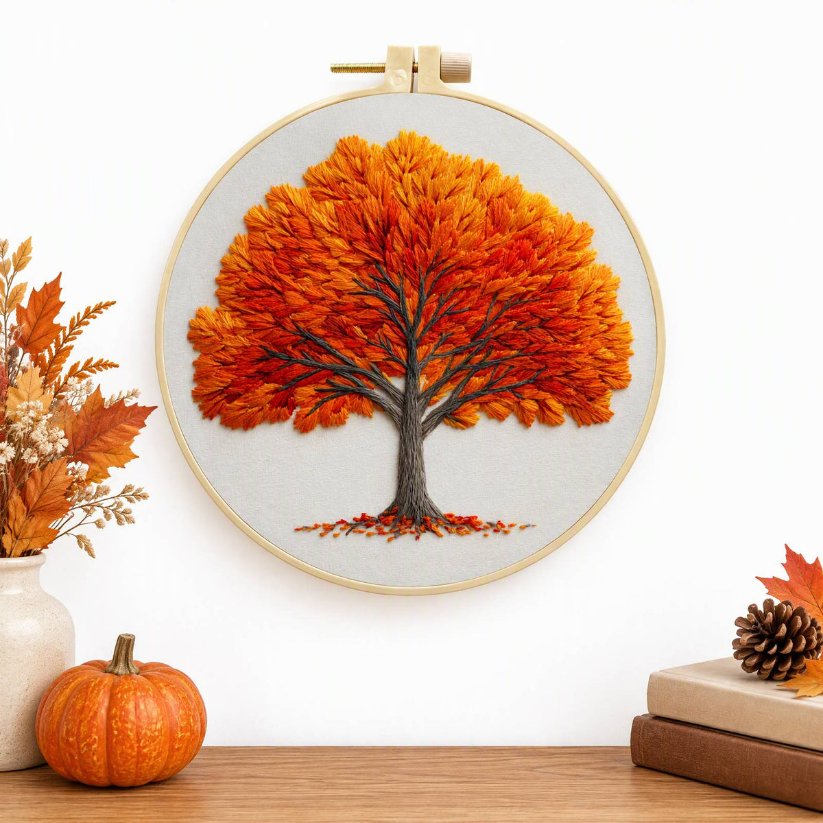 Fall Maple - DIY Embroidery Cross Stitch Kit with Pattern Cotton Threads Needles Hoop 30×30CM/11.81×11.81in