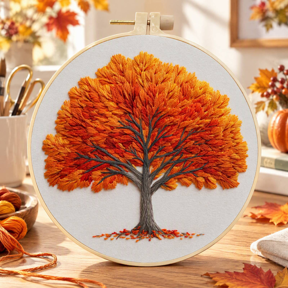Fall Maple - DIY Embroidery Cross Stitch Kit with Pattern Cotton Threads Needles Hoop 30×30CM/11.81×11.81in