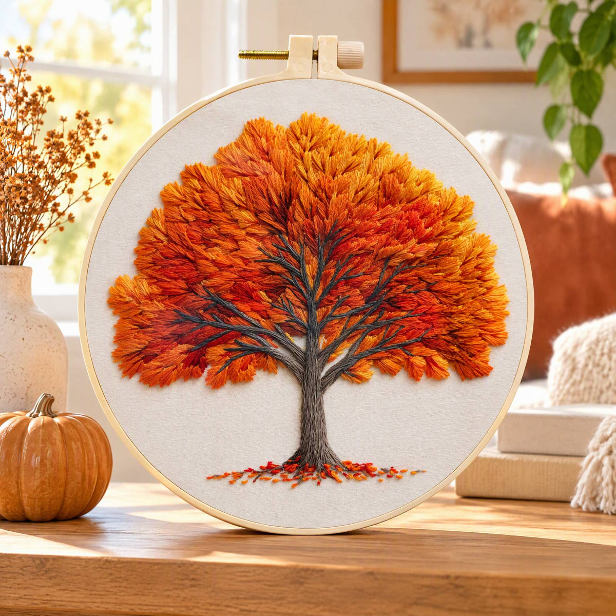 Fall Maple - DIY Embroidery Cross Stitch Kit with Pattern Cotton Threads Needles Hoop 30×30CM/11.81×11.81in