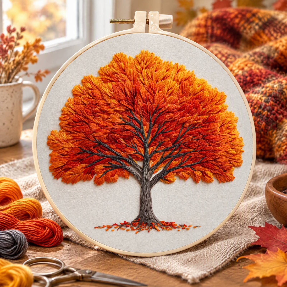 Fall Maple - DIY Embroidery Cross Stitch Kit with Pattern Cotton Threads Needles Hoop 30×30CM/11.81×11.81in