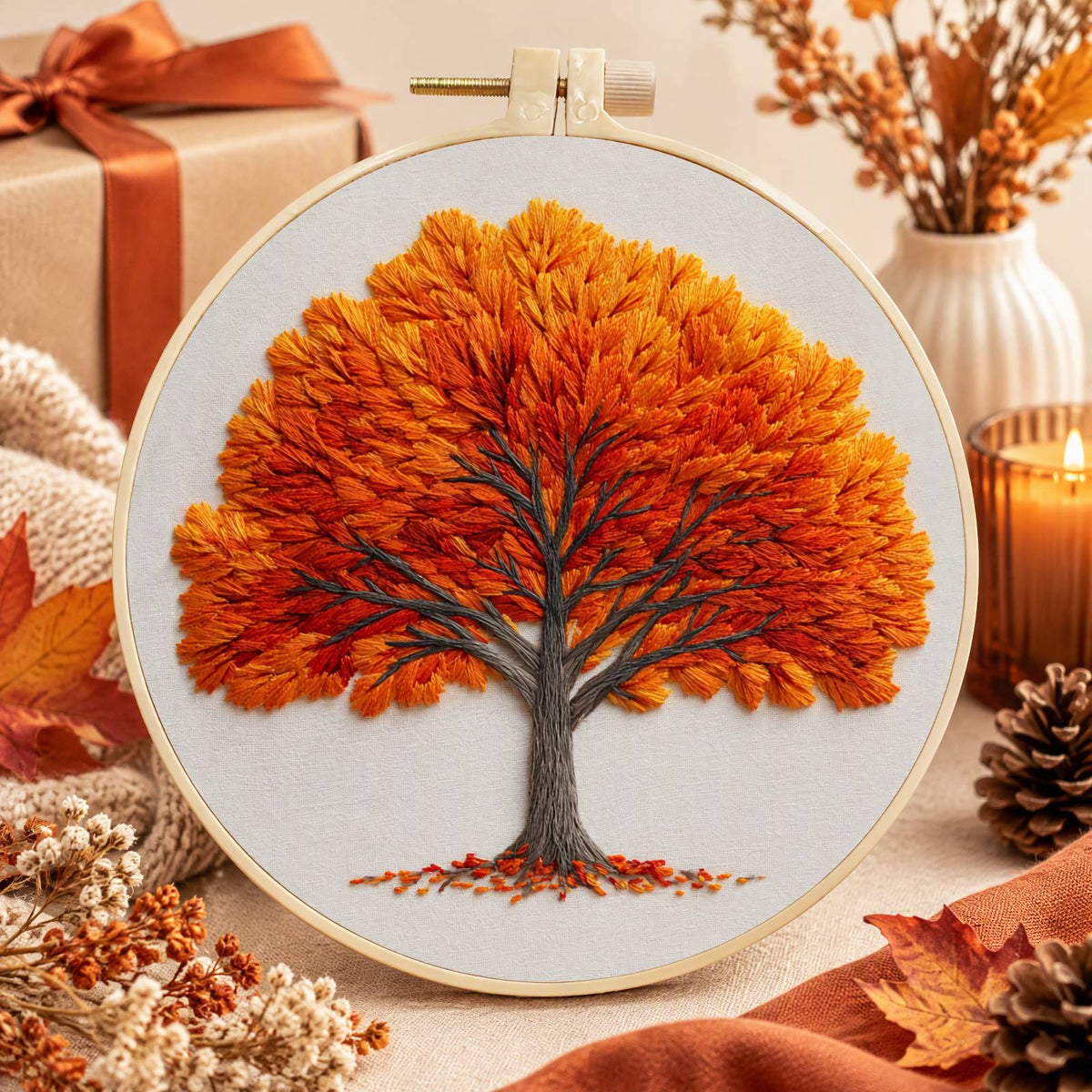 Fall Maple - DIY Embroidery Cross Stitch Kit with Pattern Cotton Threads Needles Hoop 30×30CM/11.81×11.81in