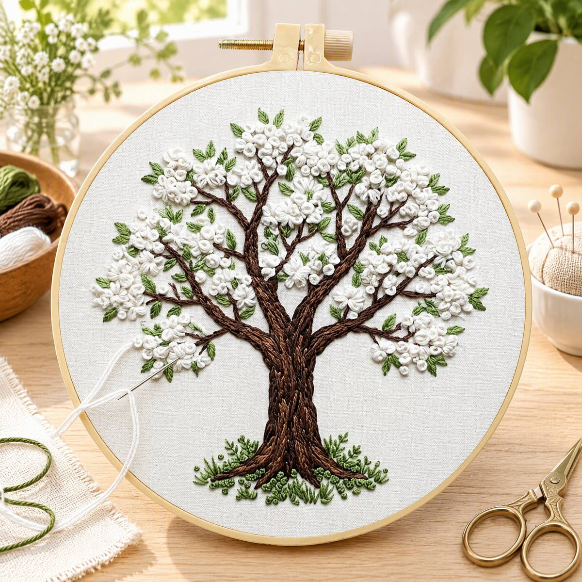 Blossom Tree - DIY Embroidery Cross Stitch Kit with Pattern Cotton Threads Needles Hoop 30×30CM/11.81×11.81in