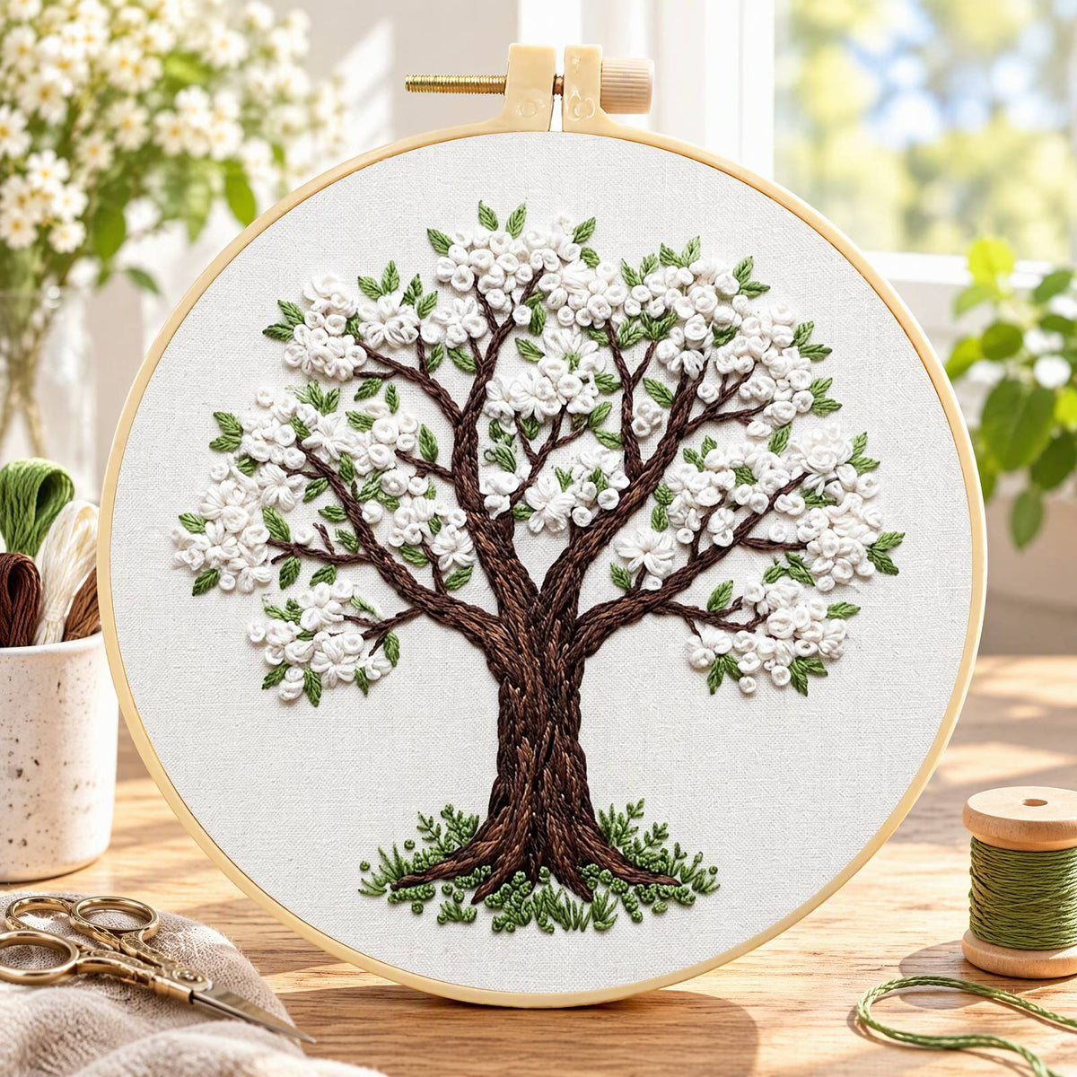 Blossom Tree - DIY Embroidery Cross Stitch Kit with Pattern Cotton Threads Needles Hoop 30×30CM/11.81×11.81in