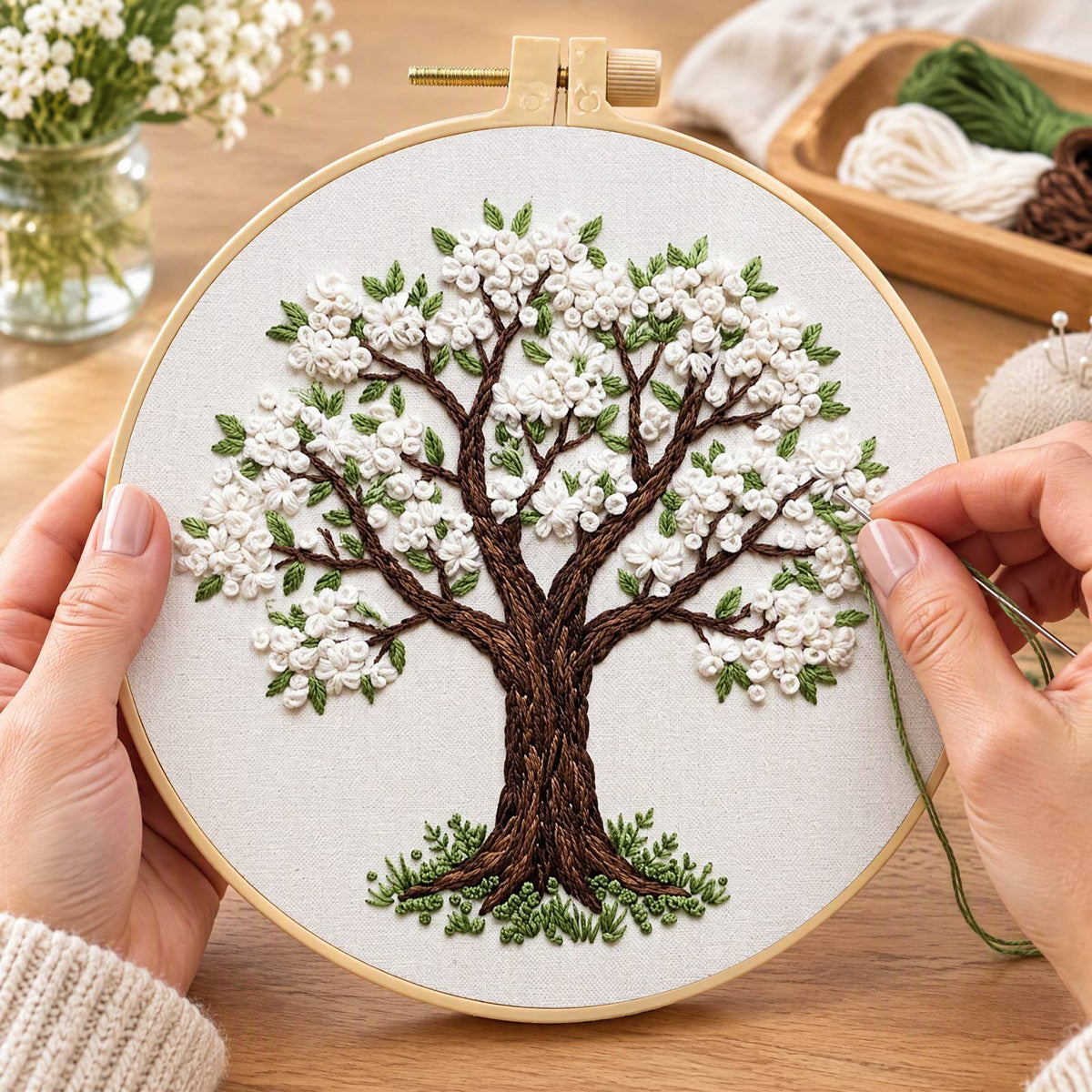 Blossom Tree - DIY Embroidery Cross Stitch Kit with Pattern Cotton Threads Needles Hoop 30×30CM/11.81×11.81in