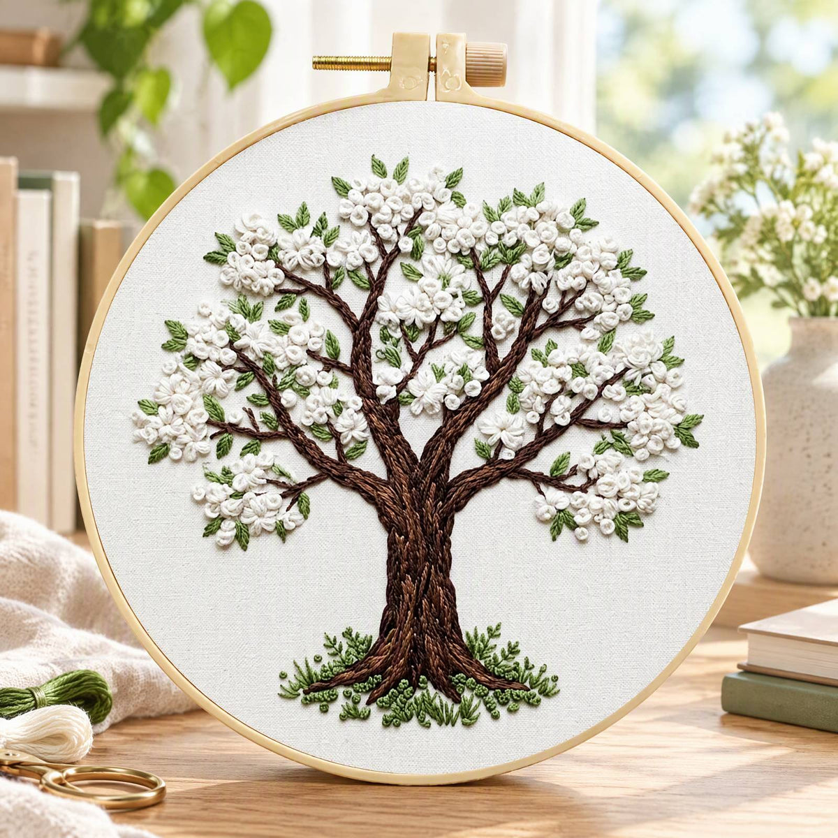 Blossom Tree - DIY Embroidery Cross Stitch Kit with Pattern Cotton Threads Needles Hoop 30×30CM/11.81×11.81in