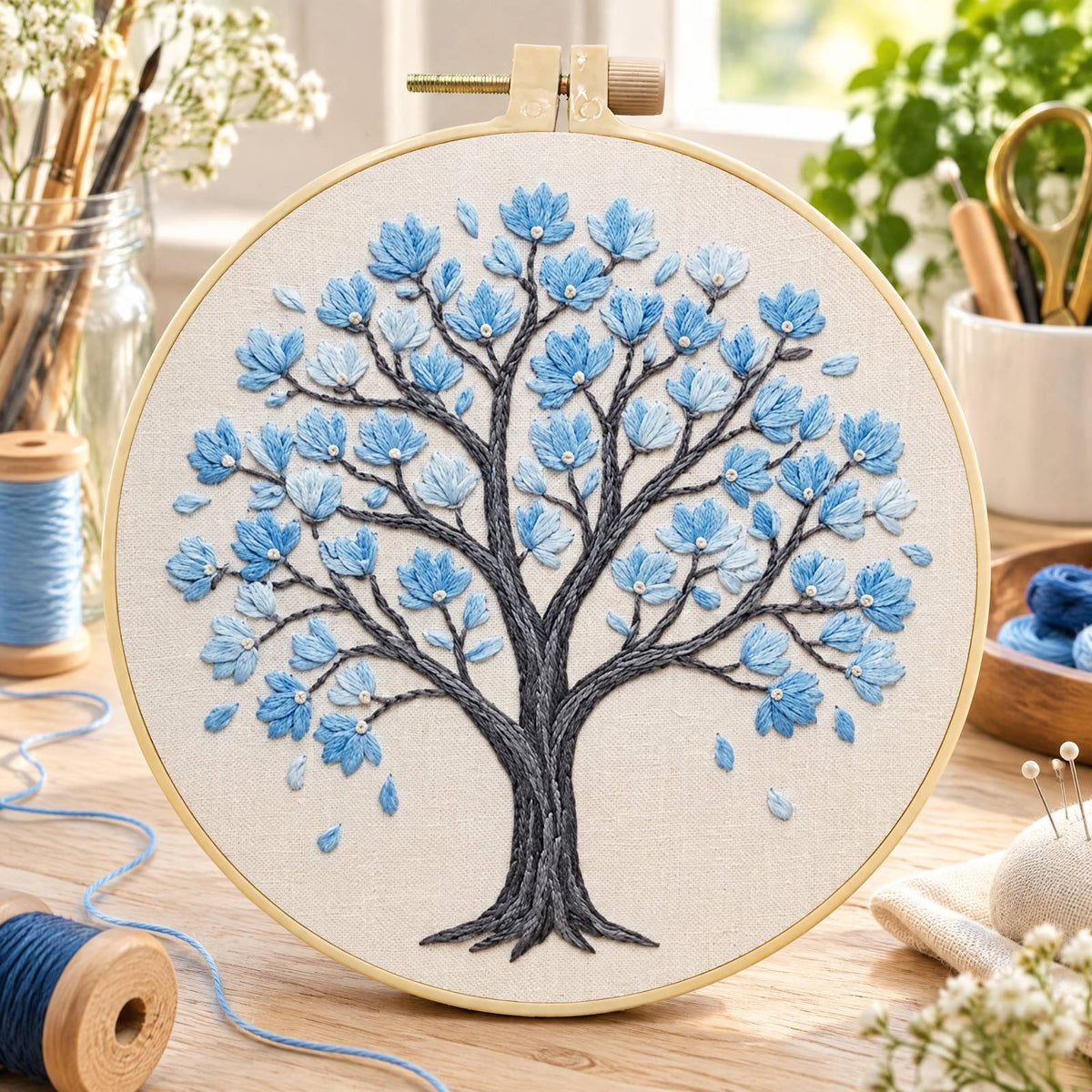 Blue Magnolia - DIY Embroidery Cross Stitch Kit with Pattern Cotton Threads Needles Hoop 30×30CM/11.81×11.81in