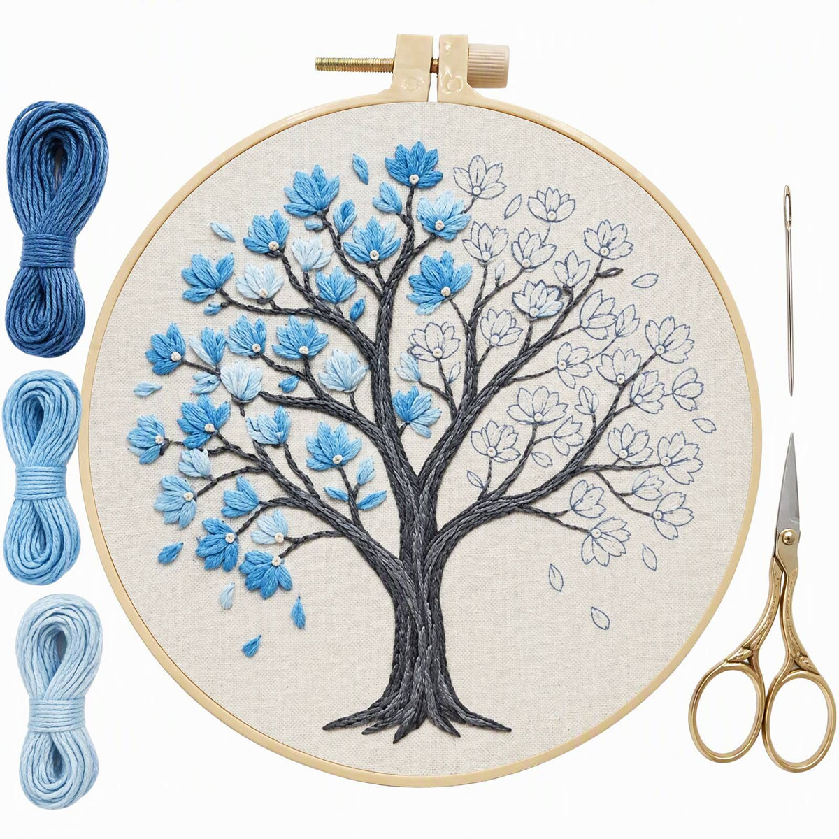 Blue Magnolia - DIY Embroidery Cross Stitch Kit with Pattern Cotton Threads Needles Hoop 30×30CM/11.81×11.81in