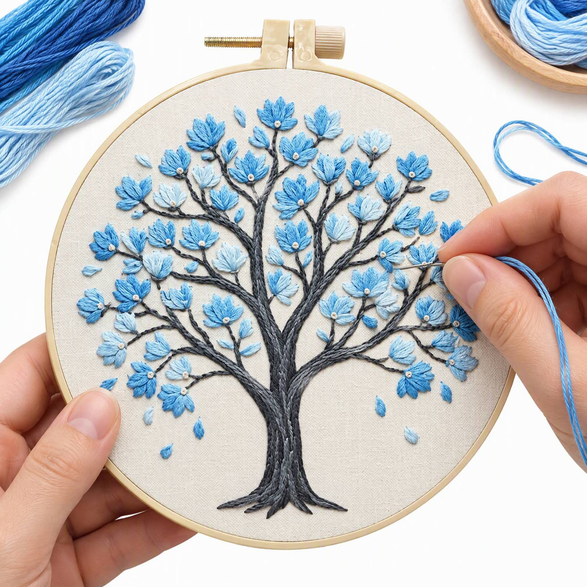 Blue Magnolia - DIY Embroidery Cross Stitch Kit with Pattern Cotton Threads Needles Hoop 30×30CM/11.81×11.81in