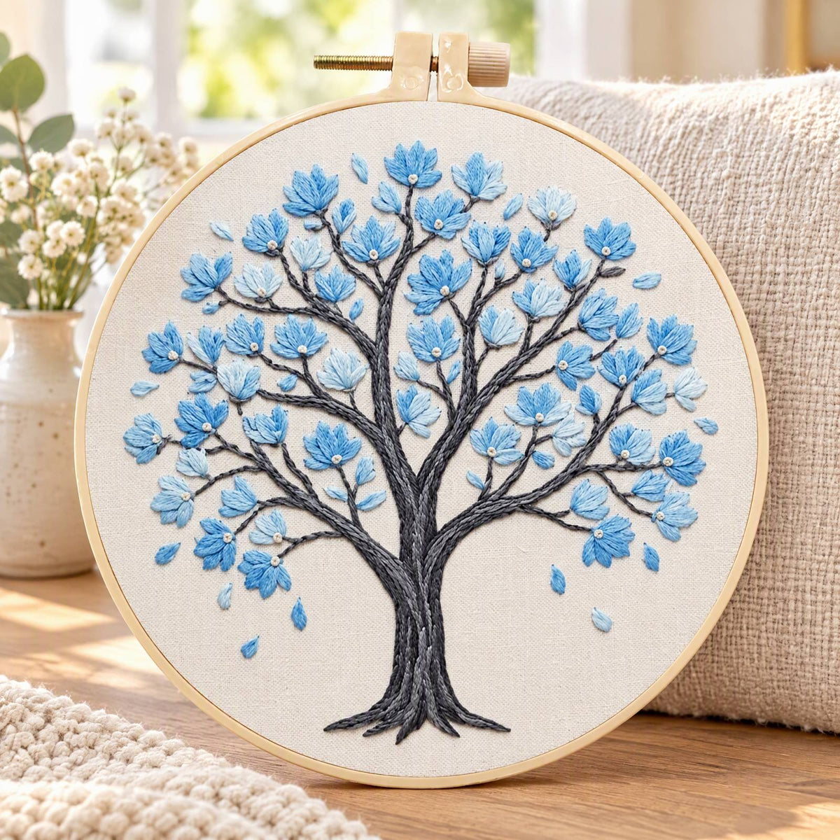 Blue Magnolia - DIY Embroidery Cross Stitch Kit with Pattern Cotton Threads Needles Hoop 30×30CM/11.81×11.81in