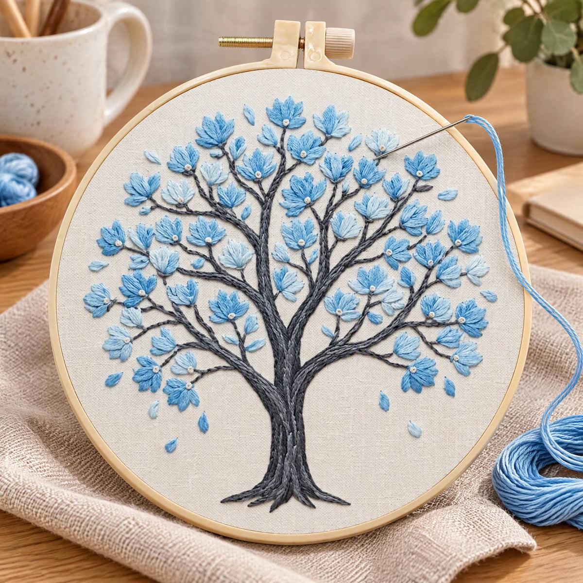 Blue Magnolia - DIY Embroidery Cross Stitch Kit with Pattern Cotton Threads Needles Hoop 30×30CM/11.81×11.81in