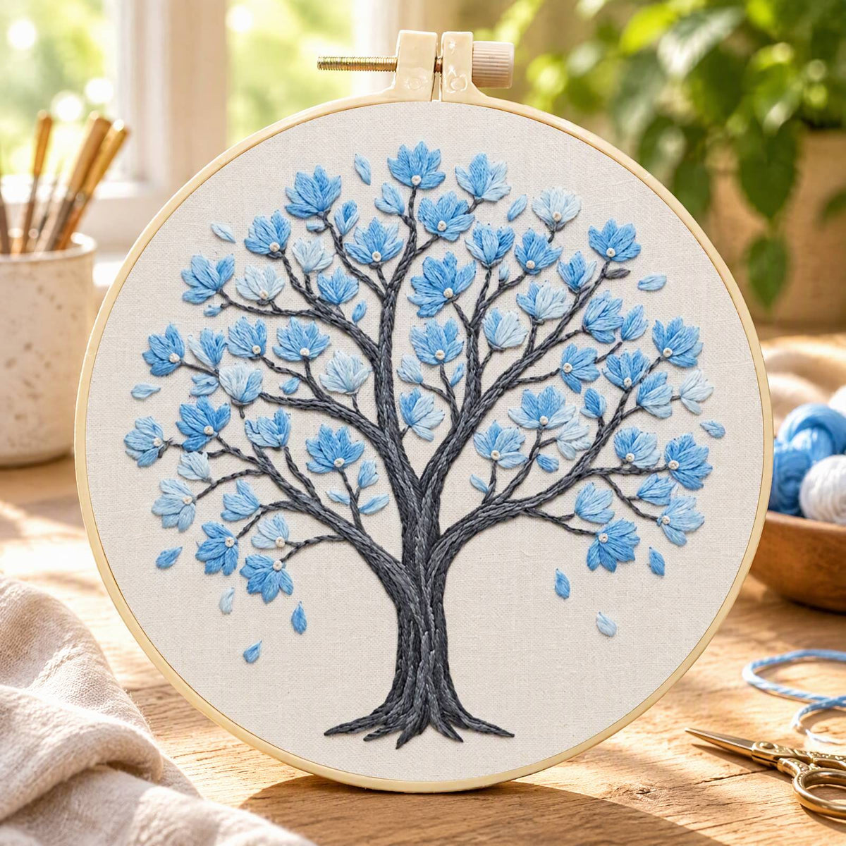 Blue Magnolia - DIY Embroidery Cross Stitch Kit with Pattern Cotton Threads Needles Hoop 30×30CM/11.81×11.81in
