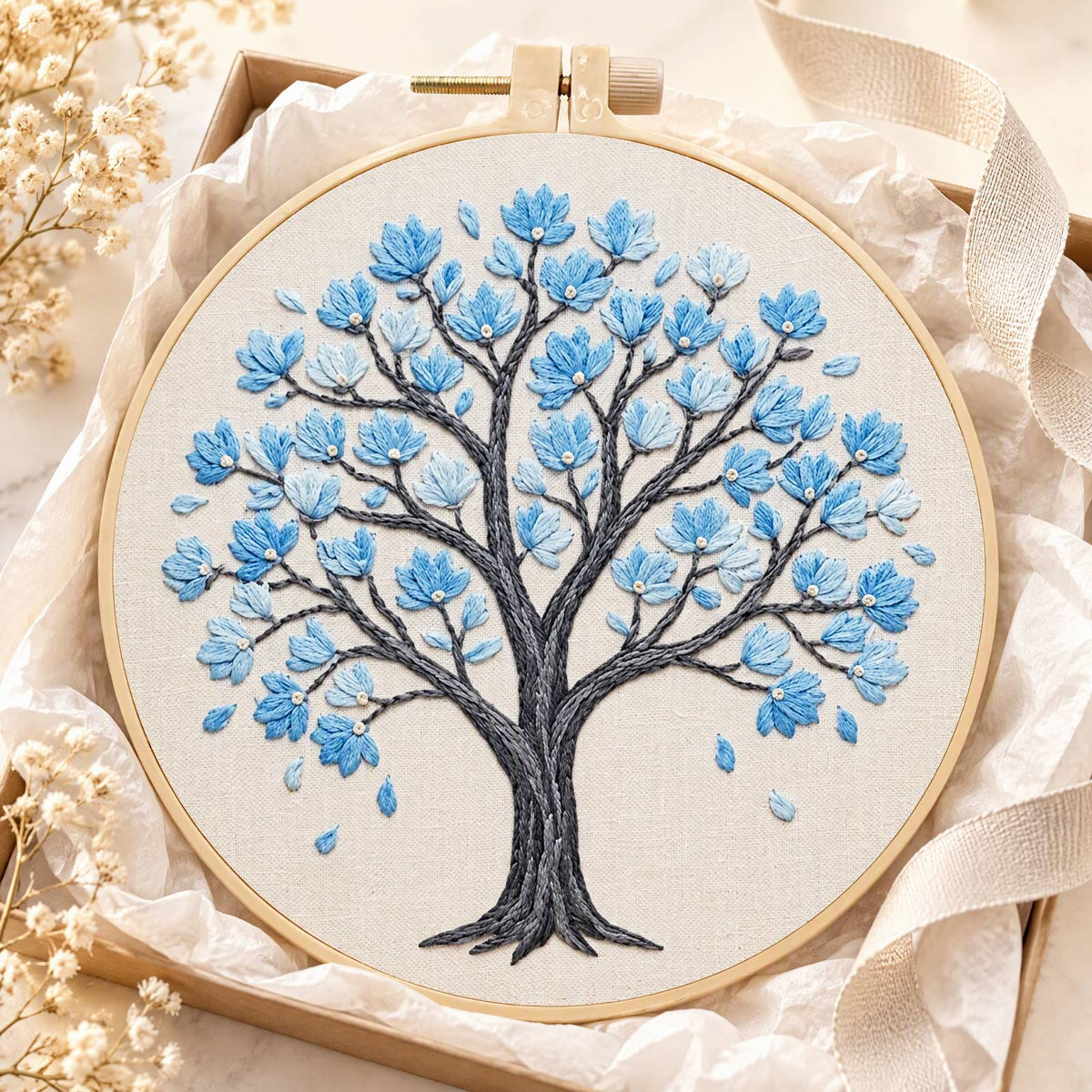 Blue Magnolia - DIY Embroidery Cross Stitch Kit with Pattern Cotton Threads Needles Hoop 30×30CM/11.81×11.81in