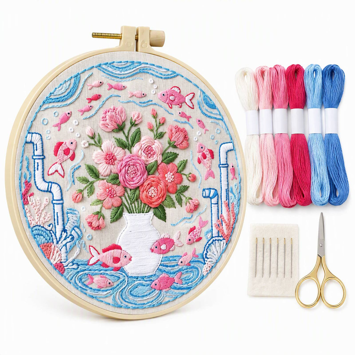 Flower Fish - DIY Embroidery Cross Stitch Kit with Pattern Cotton Threads Needles Hoop 30×30CM/11.81×11.81in