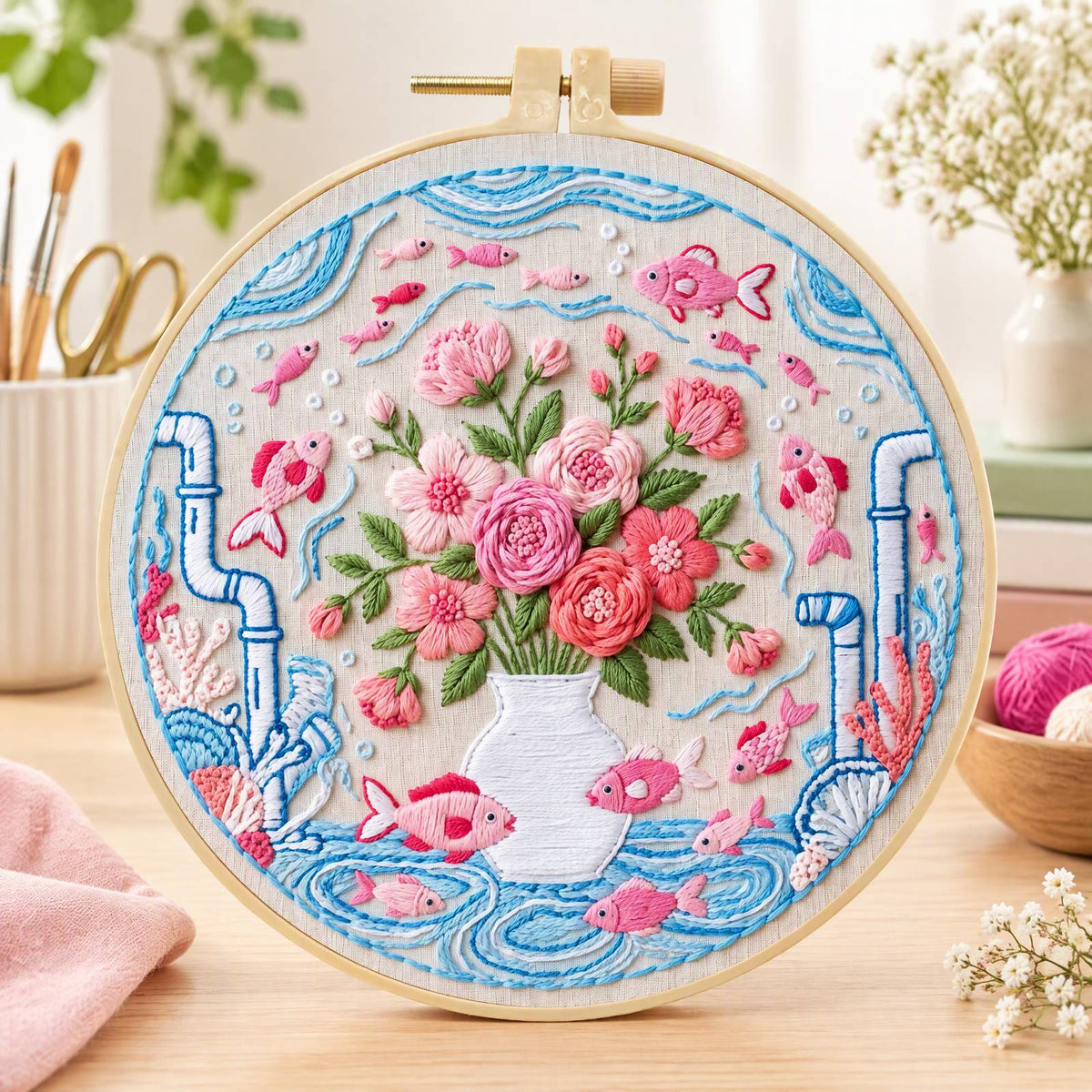 Flower Fish - DIY Embroidery Cross Stitch Kit with Pattern Cotton Threads Needles Hoop 30×30CM/11.81×11.81in