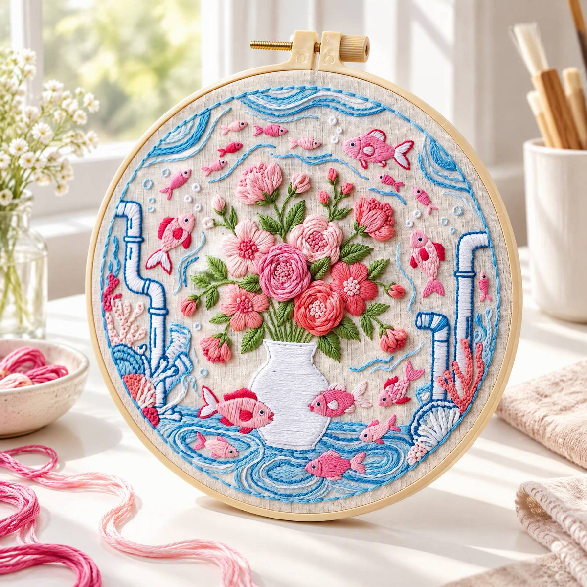 Flower Fish - DIY Embroidery Cross Stitch Kit with Pattern Cotton Threads Needles Hoop 30×30CM/11.81×11.81in