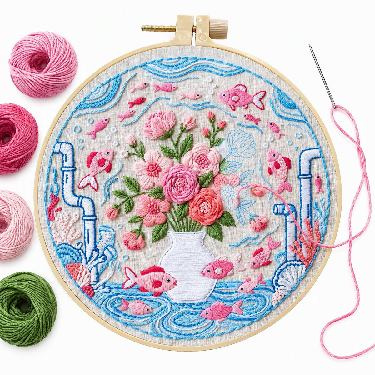 Flower Fish - DIY Embroidery Cross Stitch Kit with Pattern Cotton Threads Needles Hoop 30×30CM/11.81×11.81in