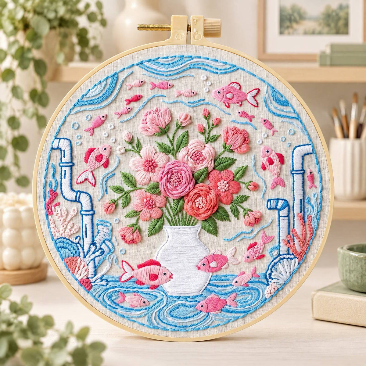 Flower Fish - DIY Embroidery Cross Stitch Kit with Pattern Cotton Threads Needles Hoop 30×30CM/11.81×11.81in