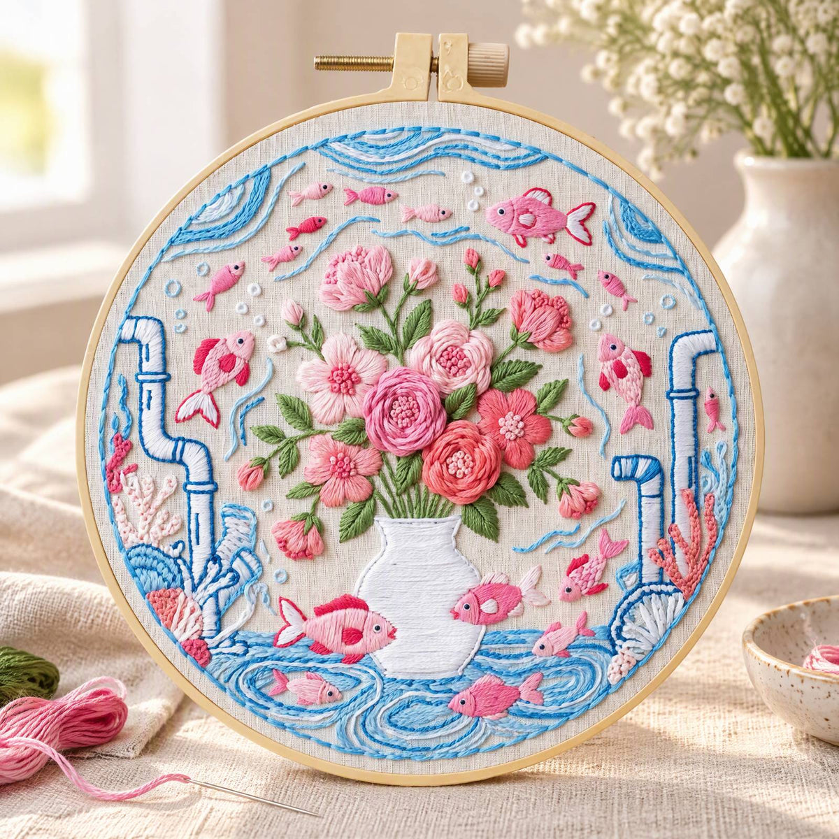 Flower Fish - DIY Embroidery Cross Stitch Kit with Pattern Cotton Threads Needles Hoop 30×30CM/11.81×11.81in