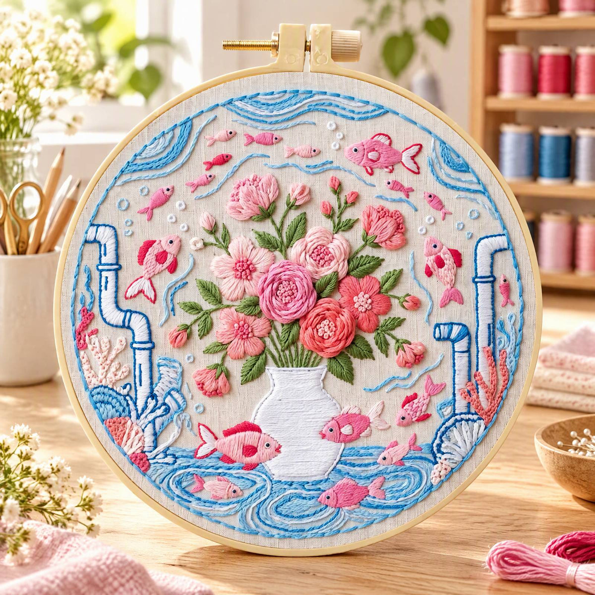 Flower Fish - DIY Embroidery Cross Stitch Kit with Pattern Cotton Threads Needles Hoop 30×30CM/11.81×11.81in