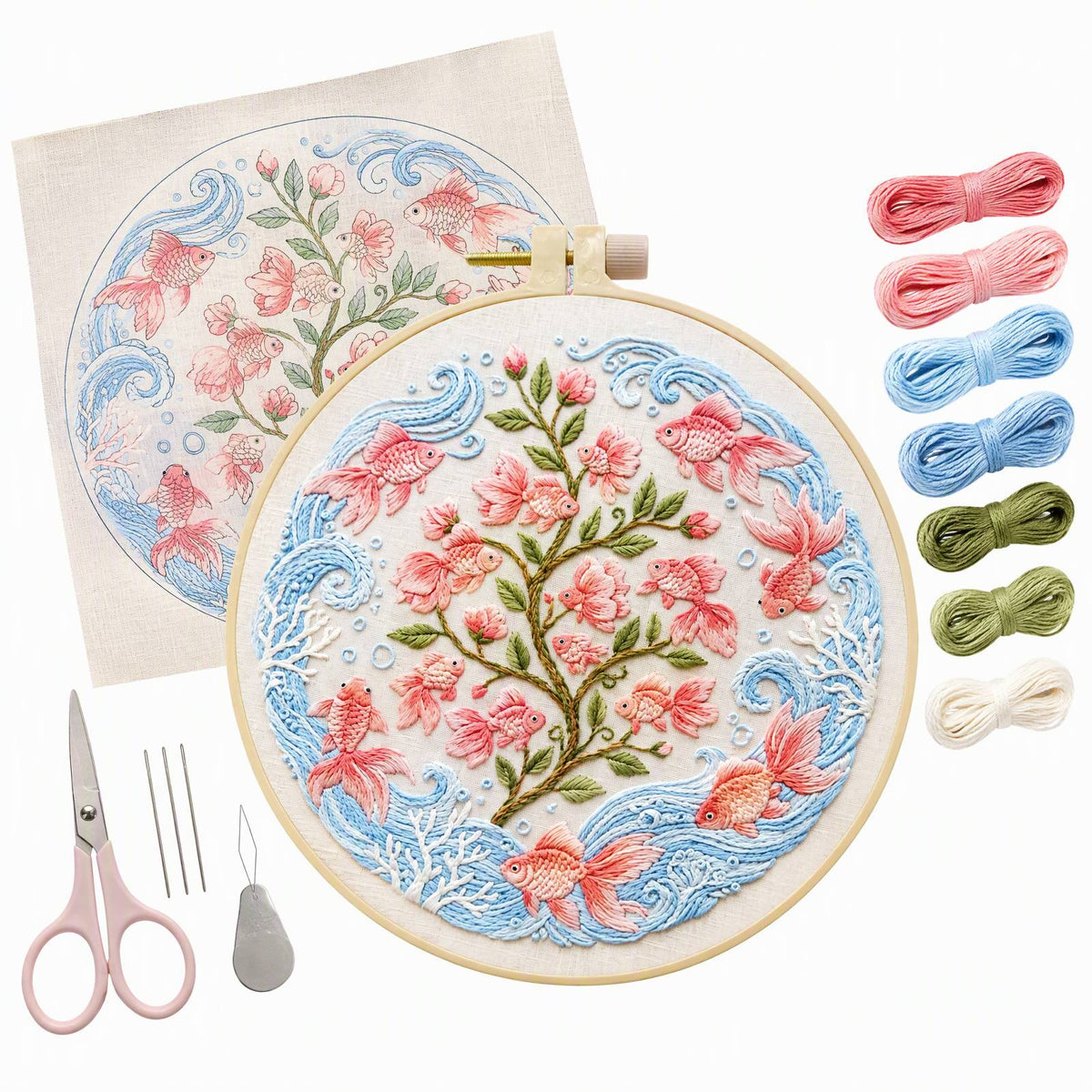 Goldfish Bloom - DIY Embroidery Cross Stitch Kit with Pattern Cotton Threads Needles Hoop 30×30CM/11.81×11.81in