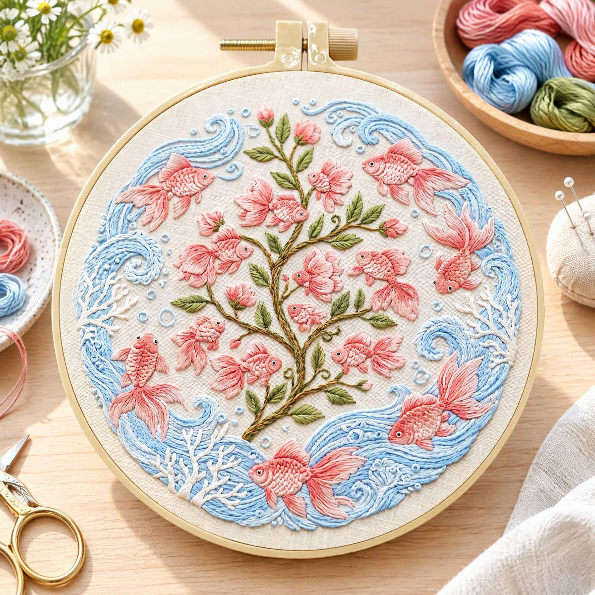 Goldfish Bloom - DIY Embroidery Cross Stitch Kit with Pattern Cotton Threads Needles Hoop 30×30CM/11.81×11.81in