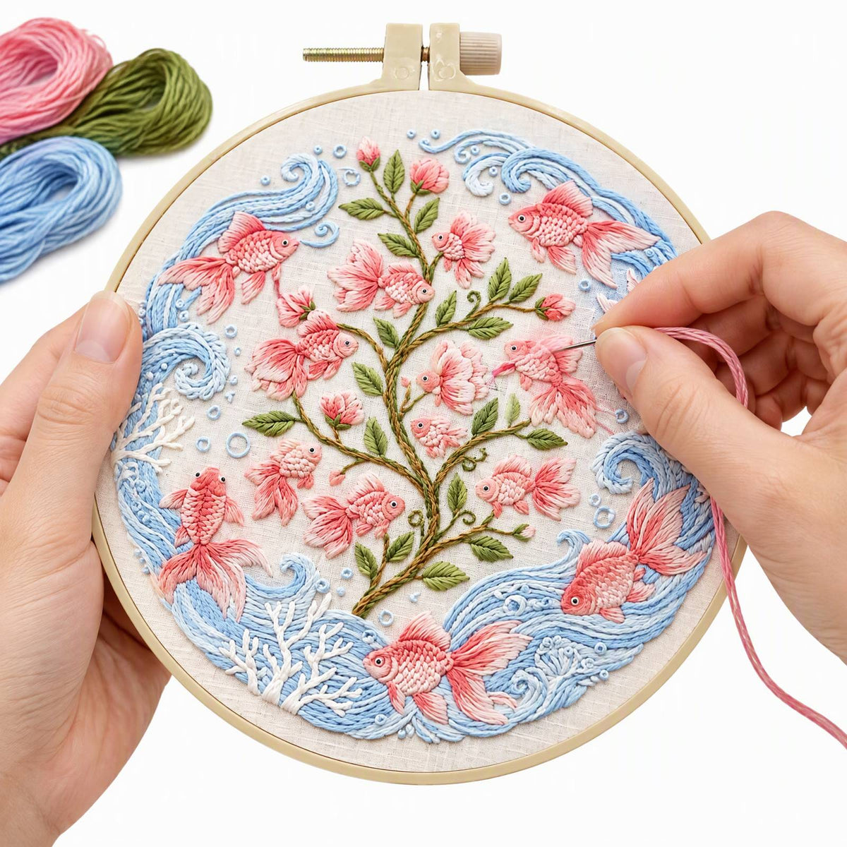 Goldfish Bloom - DIY Embroidery Cross Stitch Kit with Pattern Cotton Threads Needles Hoop 30×30CM/11.81×11.81in