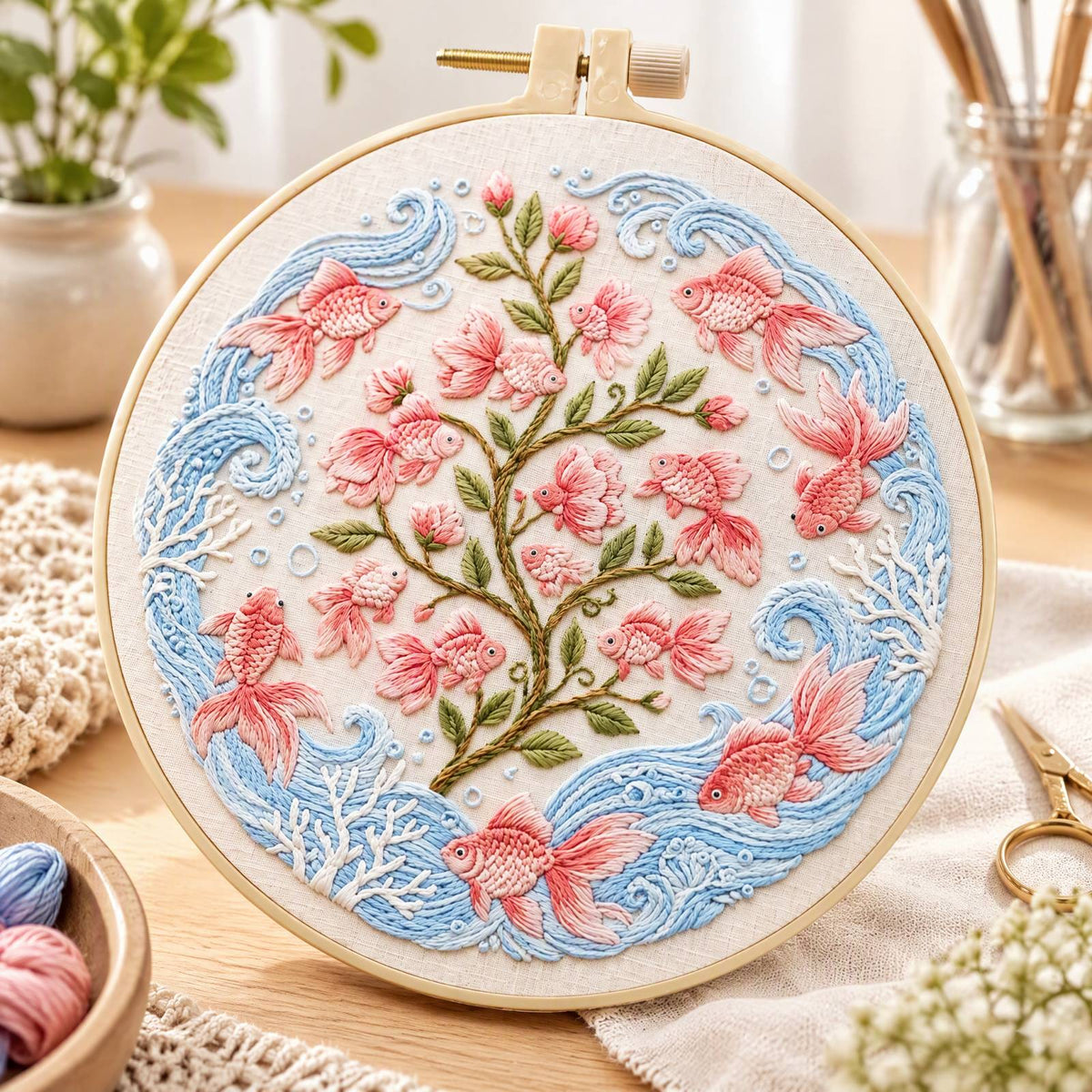 Goldfish Bloom - DIY Embroidery Cross Stitch Kit with Pattern Cotton Threads Needles Hoop 30×30CM/11.81×11.81in