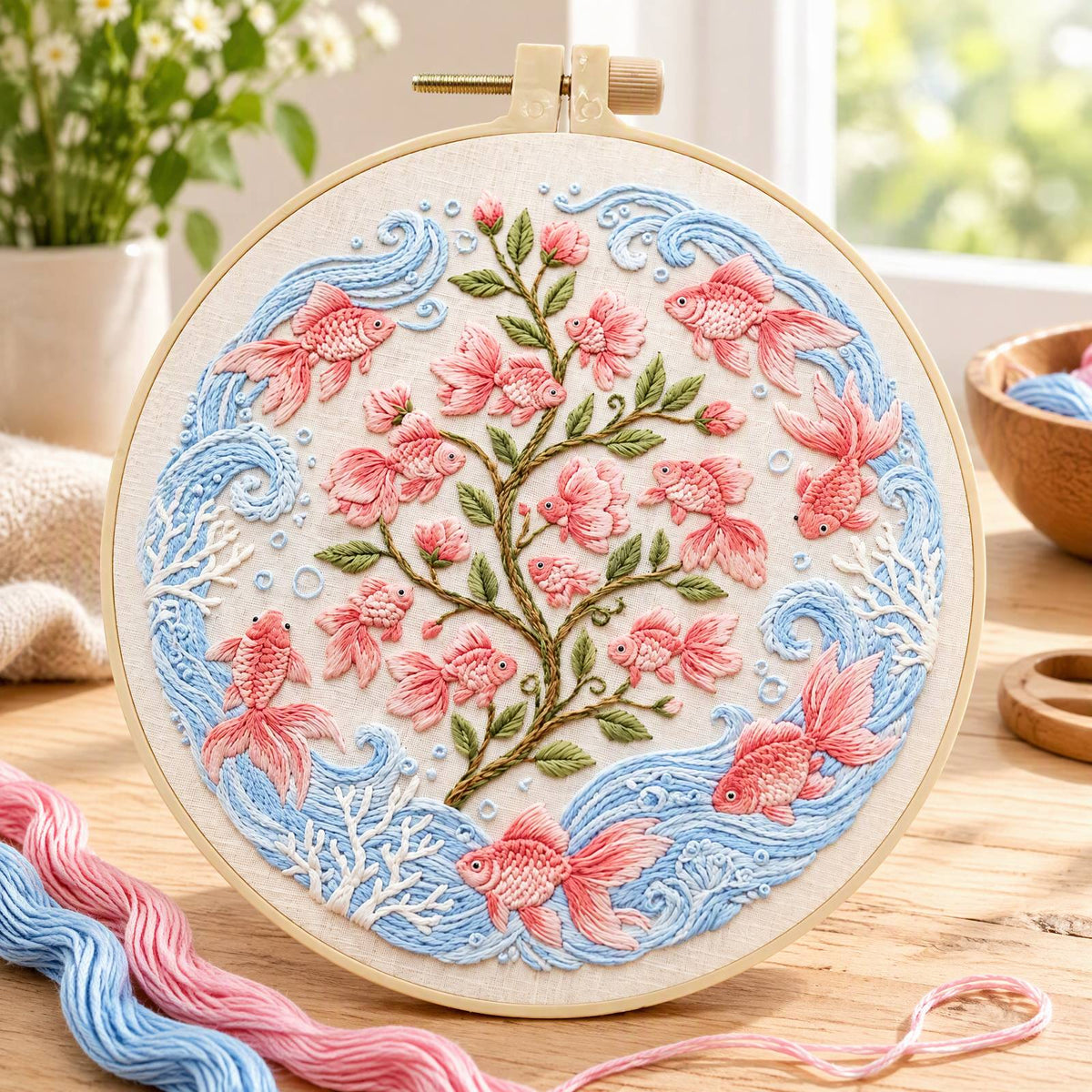 Goldfish Bloom - DIY Embroidery Cross Stitch Kit with Pattern Cotton Threads Needles Hoop 30×30CM/11.81×11.81in