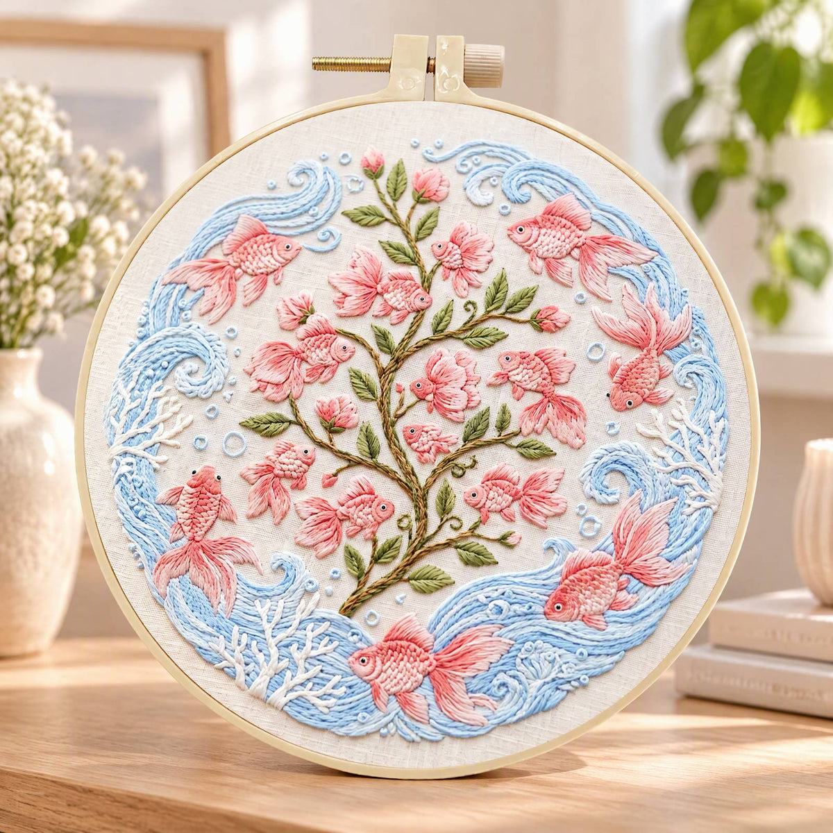 Goldfish Bloom - DIY Embroidery Cross Stitch Kit with Pattern Cotton Threads Needles Hoop 30×30CM/11.81×11.81in
