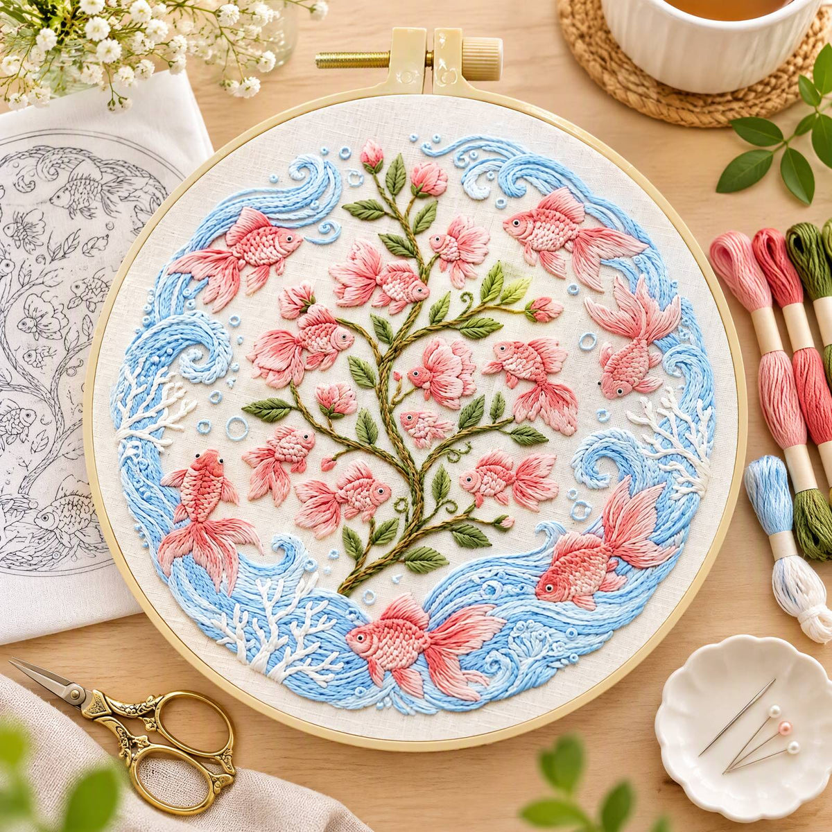 Goldfish Bloom - DIY Embroidery Cross Stitch Kit with Pattern Cotton Threads Needles Hoop 30×30CM/11.81×11.81in