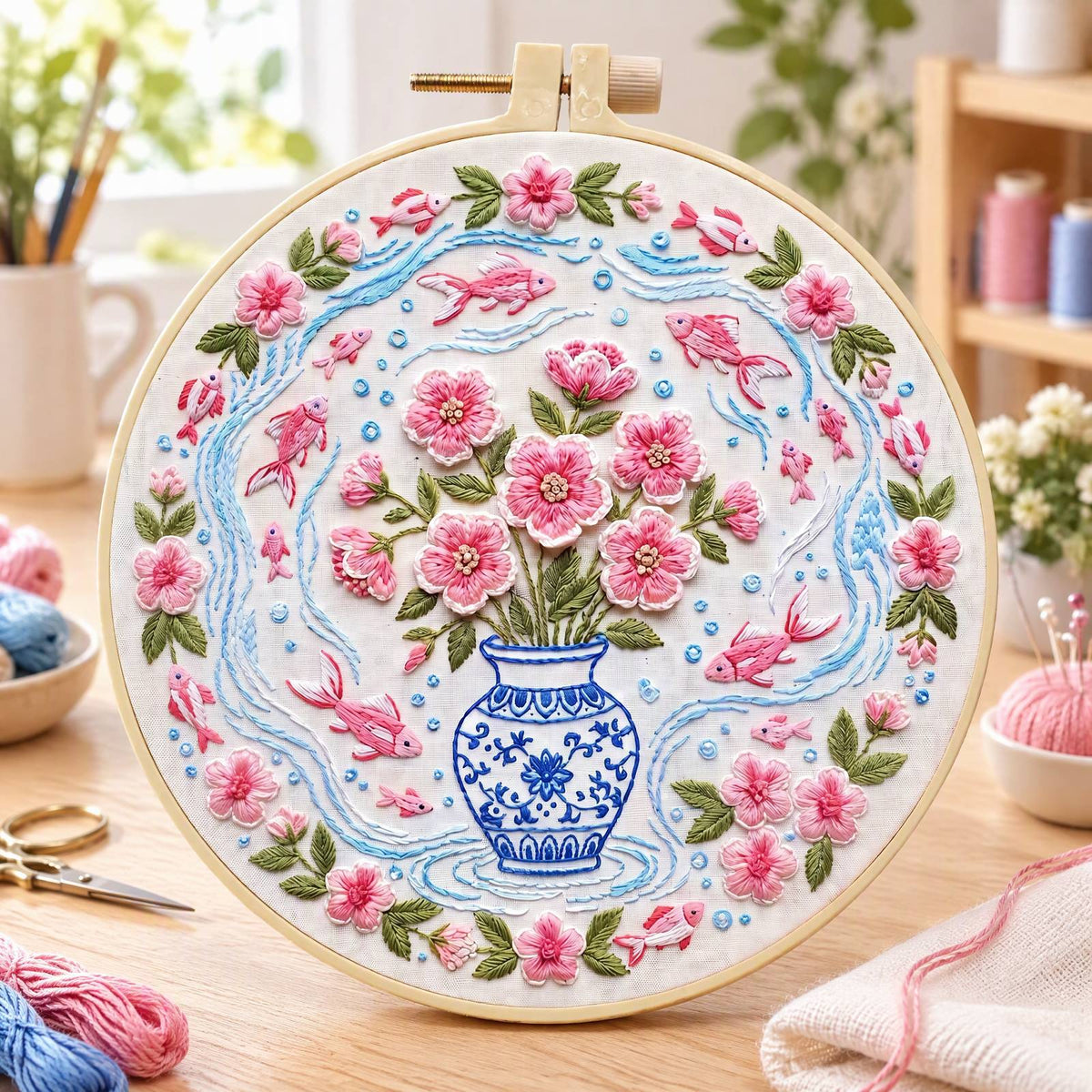Vase Fishes - DIY Embroidery Cross Stitch Kit with Pattern Cotton Threads Needles Hoop 30×30CM/11.81×11.81in