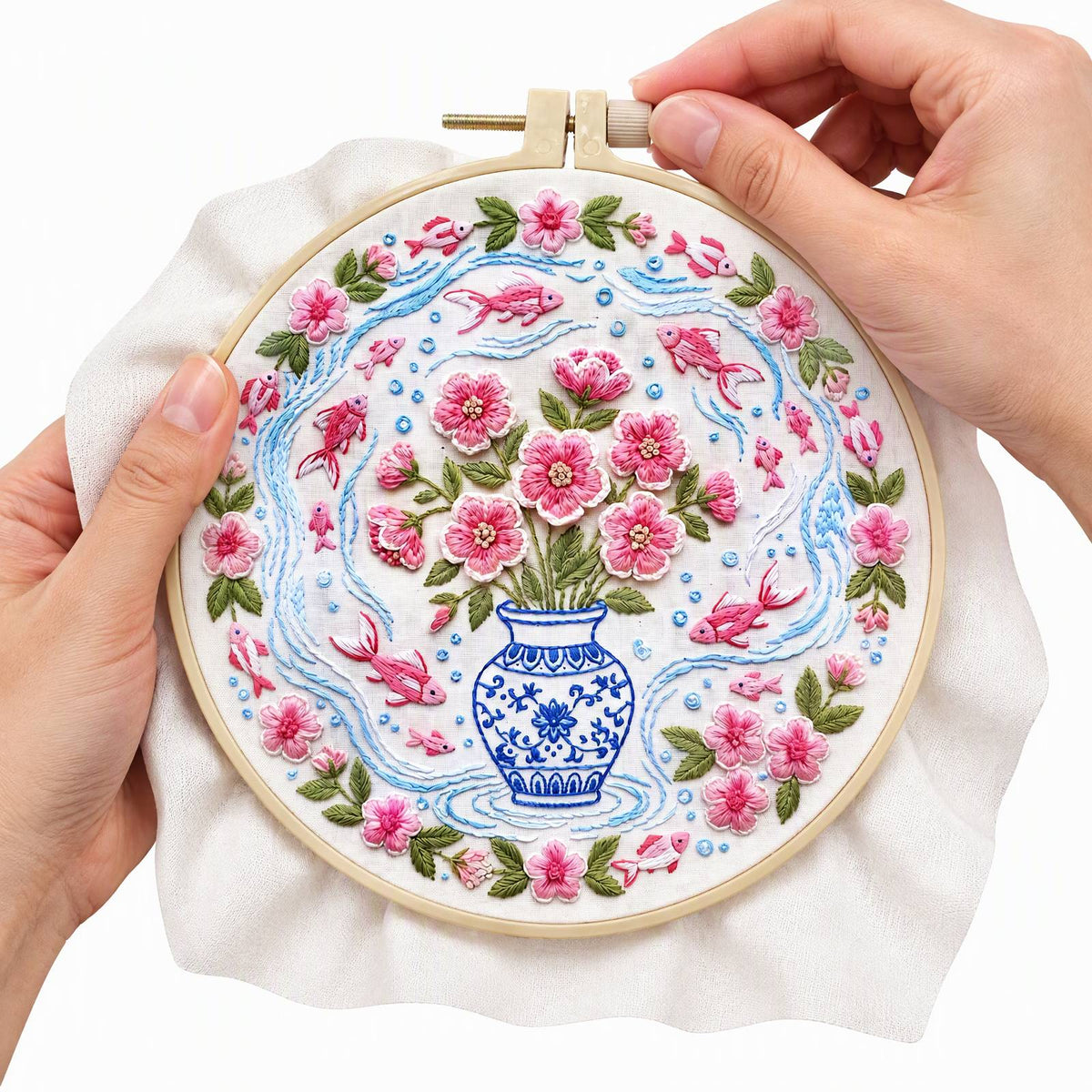 Vase Fishes - DIY Embroidery Cross Stitch Kit with Pattern Cotton Threads Needles Hoop 30×30CM/11.81×11.81in