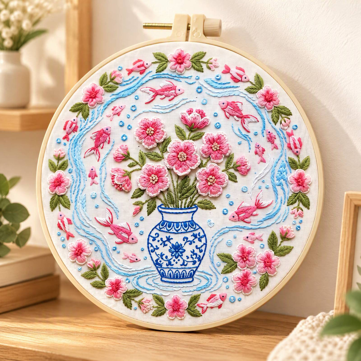 Vase Fishes - DIY Embroidery Cross Stitch Kit with Pattern Cotton Threads Needles Hoop 30×30CM/11.81×11.81in