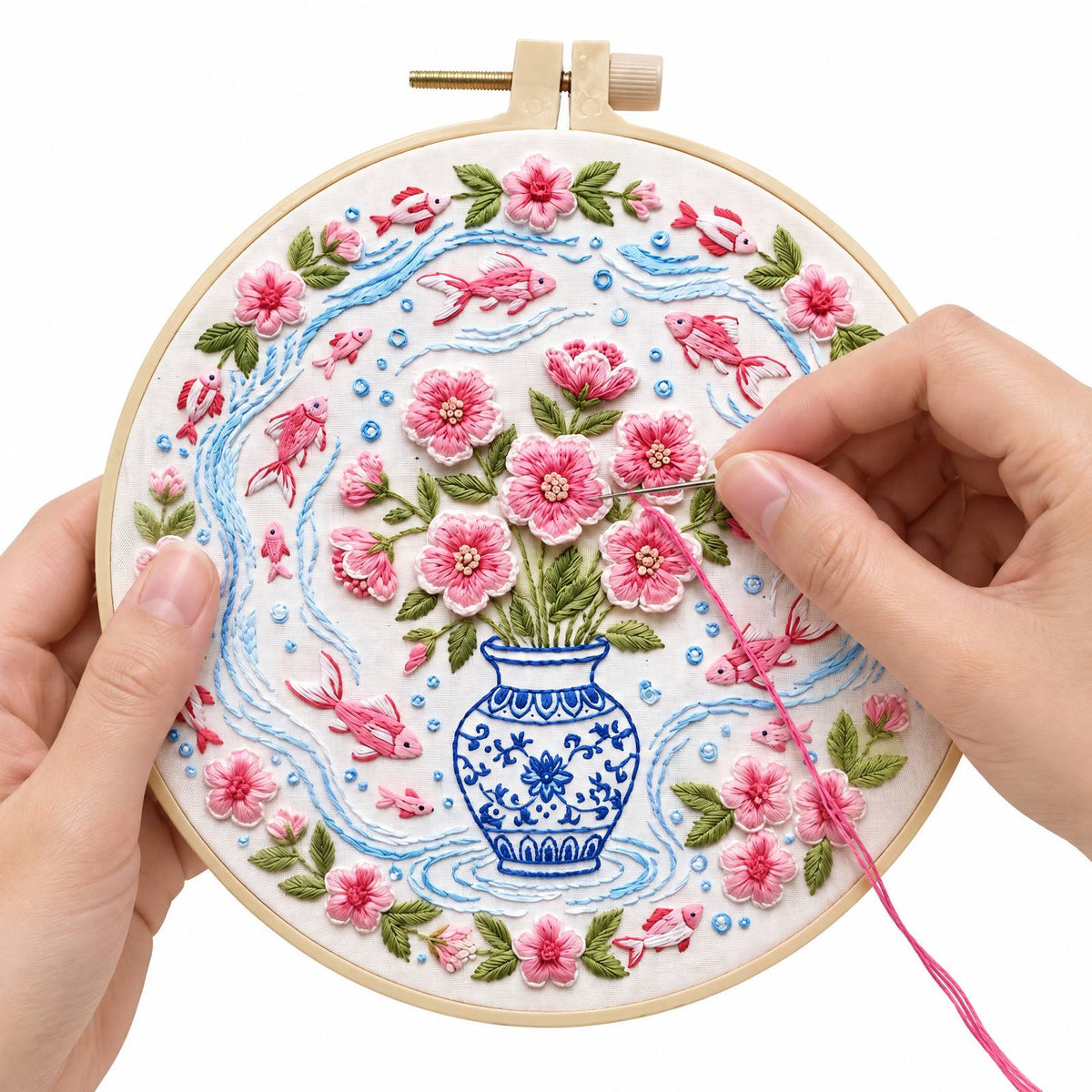 Vase Fishes - DIY Embroidery Cross Stitch Kit with Pattern Cotton Threads Needles Hoop 30×30CM/11.81×11.81in